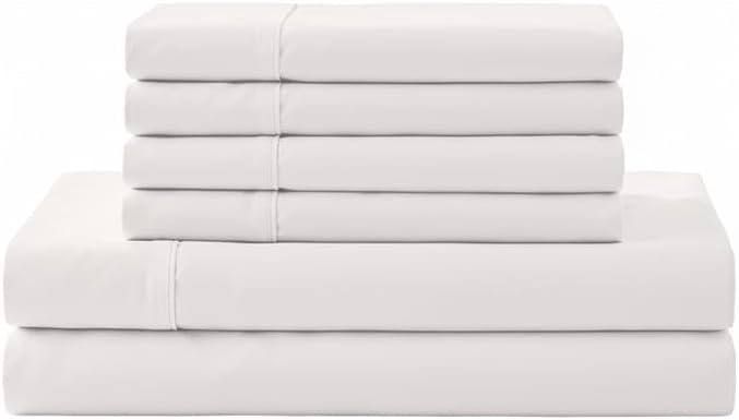 Linen Home 100% Cotton Percale Sheet Set, King Size, Snow White, Deep Pocket, 6 Pieces Set - 1 Flat, 1 Deep Pocket Fitted Sheet and 4 Pillowcases, Crisp Cool and Strong Bed Linen