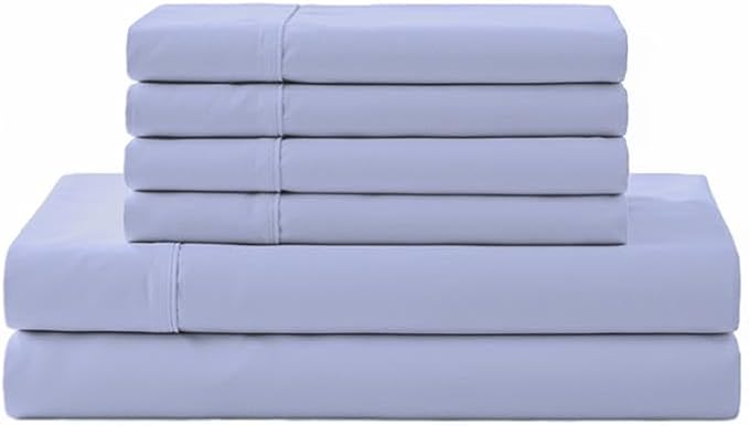 Linen Home 100% Cotton Percale Sheet Set, Cal King Size, Baby Blue, Deep Pocket, 6 Pieces Set - 1 Flat, 1 Deep Pocket Fitted Sheet and 4 Pillowcases, Crisp Cool and Strong Bed Linen