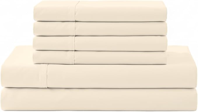 Linen Home 100% Cotton Percale Sheet Set, Queen Size, Ivory, Deep Pocket, 6 Pieces Set - 1 Flat, 1 Deep Pocket Fitted Sheet and 4 Pillowcases, Crisp Cool and Strong Bed Linen
