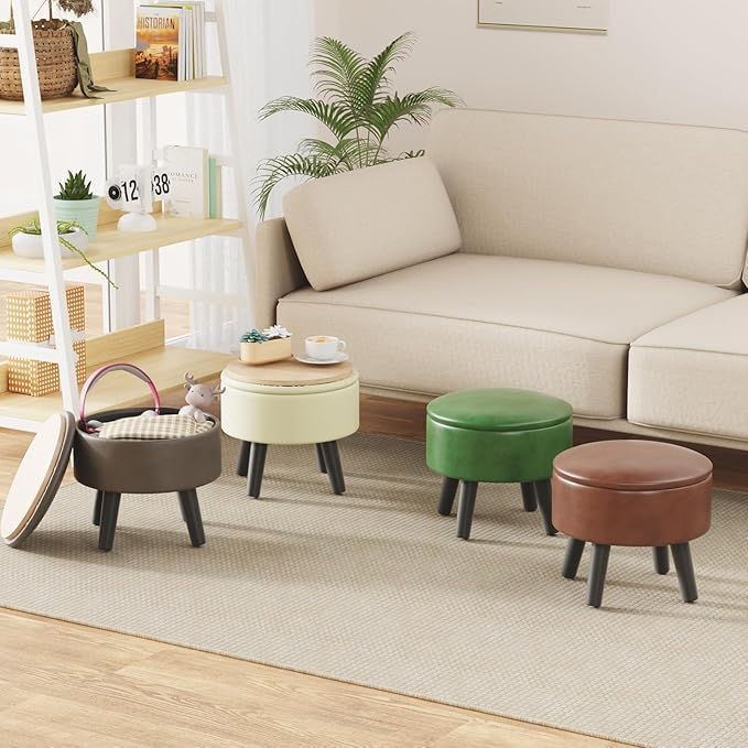FIMIVIBI Small Foot Stool Ottoman with Storage, Faux Leather Ottoman Foot Rest for Couch, Round Footstool Ottomans for Living Room (White)