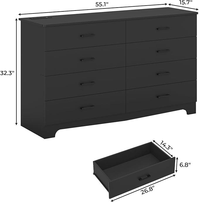 Hasuit 8 Drawer Dresser for Bedroom, Large Chest of Drawers with Charging Station, 55.1'' Wide Storage Clothes Closet Organizer, Long Dresser TV Stand for Living Room, Black