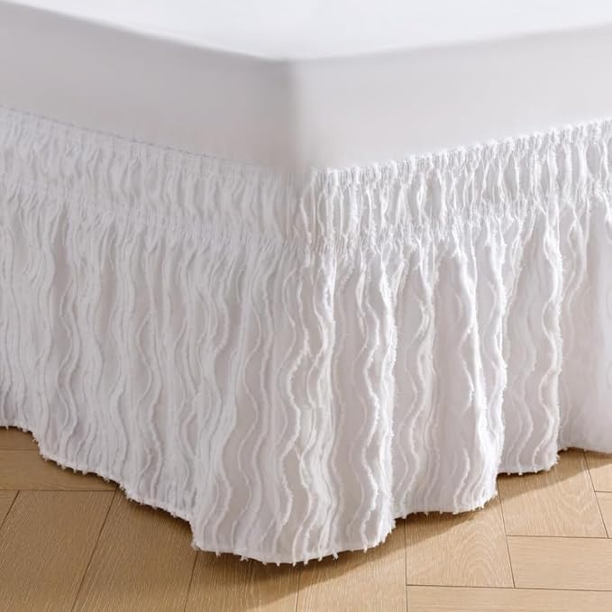 MIYE Wavy Tufted Bed Skirt - Wrap Around Dust Ruffle with Elastic Belts - 15 Inch Drop Easy to Put On - Bedskirt Machine Washable ＆ Wrinkle Resistant(Wavy/White, King/Queen-15 Drop)