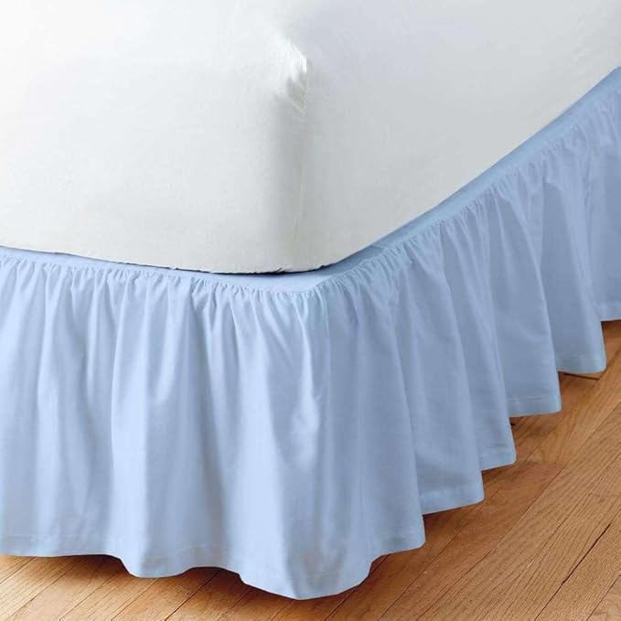 Light Blue Solid Ruffled Bed Skirt Queen-XL-16 Inch Drop Split Corner, Microfiber Bedskirt with Platform Three Sided Coverage
