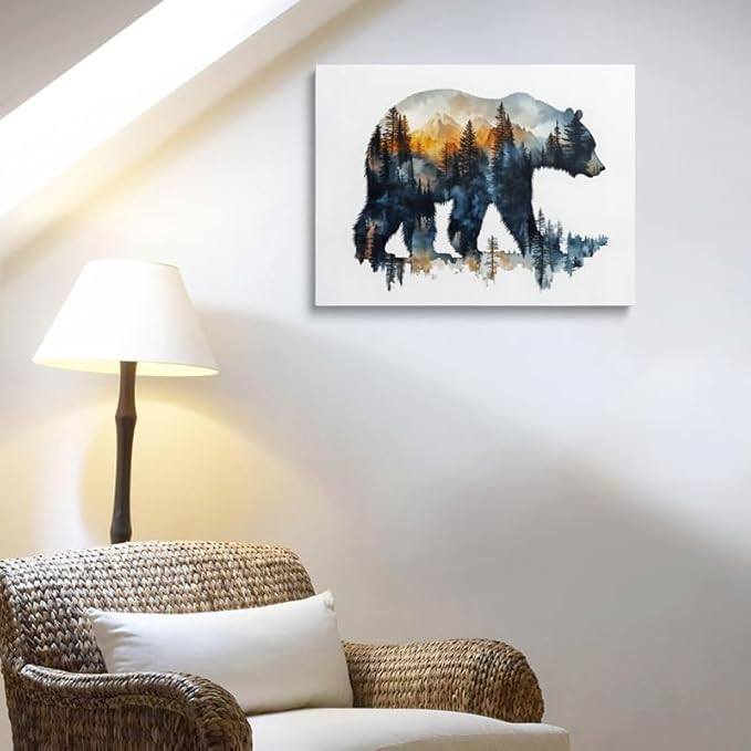 Forest Landscape Inside Bear Canvas Wall Art Framed Painting Watercolor Wildlife Wall Decor Artwork Print Poster Nature Mountain Silhouette Sunset for Living Room Home Office Cabin Decor 16x24 Inches