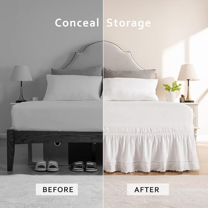 MIYE Wrap Around Ruffled Lace Bed Skirt, Elastic Dust Ruffle with Adjustable Belts, Easy to Put On, Bed Frame Cover, Machine Washable (Embroidered/White, Full/Twin-22 Drop)