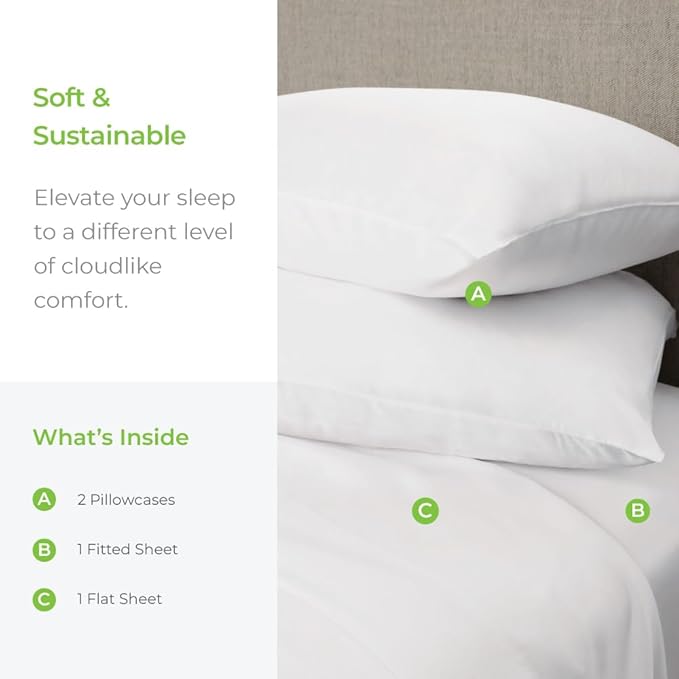 Cariloha Aloha Soft 2-Piece Sheet Set | White | Twin XL | Made from 100% Viscose derived from Bamboo | Introductory Sheet Line
