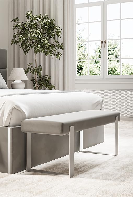 VANT Upholstered Bed Bench - Vintage Leather Light Grey - Matte Black - Contemporary Modern, Bedroom Bench Seat, Hallway, or Entryway
