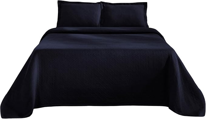 Superior 100% Cotton Basket Weave Bedspread with Shams, All-Season Premium Cotton Matelasse Jacquard Bedding, Quilted-Look Geometric Basket, King, Navy Blue