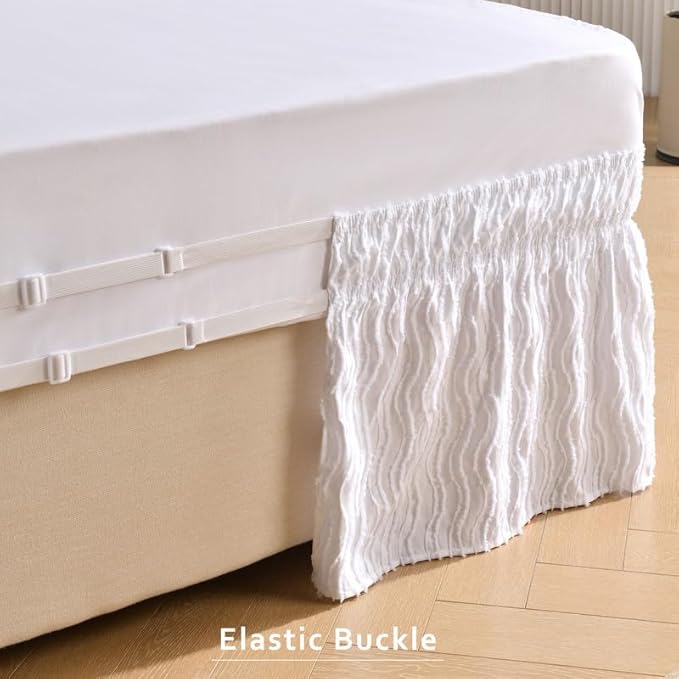MIYE Wavy Tufted Bed Skirt - Wrap Around Dust Ruffle with Elastic Belts - 15 Inch Drop Easy to Put On - Bedskirt Machine Washable ＆ Wrinkle Resistant(Wavy/White, Full/Twin-15 Drop)