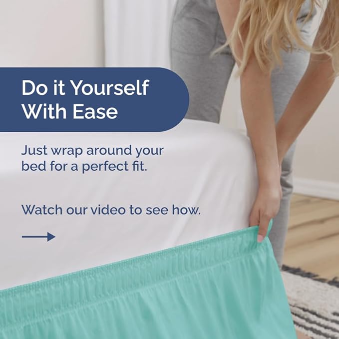 Wrap Around Dust Ruffle Bed Skirt - Spa Blue - for Queen Size Beds with 15 Inch Drop - Elastic Strap - Adjustable Pleated Bedskirt with Brushed Fabric and Wrinkle Free - for Women, Men, Kids & Teens