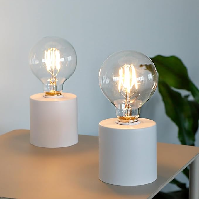 JHY DESIGN Set of 2 White Table Lamp Battery Powered 7" Tall Cordless Lamp Light with Edison Style Bulb Battery Operated Great for Living Room Bedroom Weddings Parties Patio Events