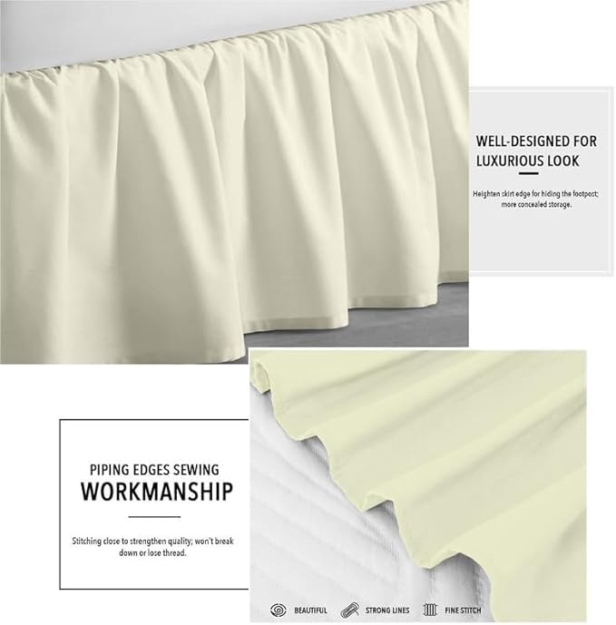 Rajlinen Ruffled Bed Skirt Queen, 21 Inch Drop Dust Ruffle with Split Corners, 100% Microfiber Bedskirt with Platform, Three-Sided Coverage Ruffled Gathering Design, Ivory