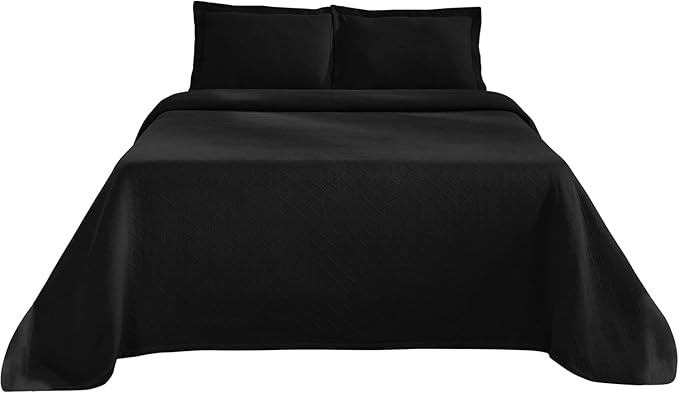 Superior 100% Cotton Basket Weave Bedspread with Shams, All-Season Premium Cotton Matelasse Jacquard Bedding, Quilted-Look Geometric Basket, Queen, Black