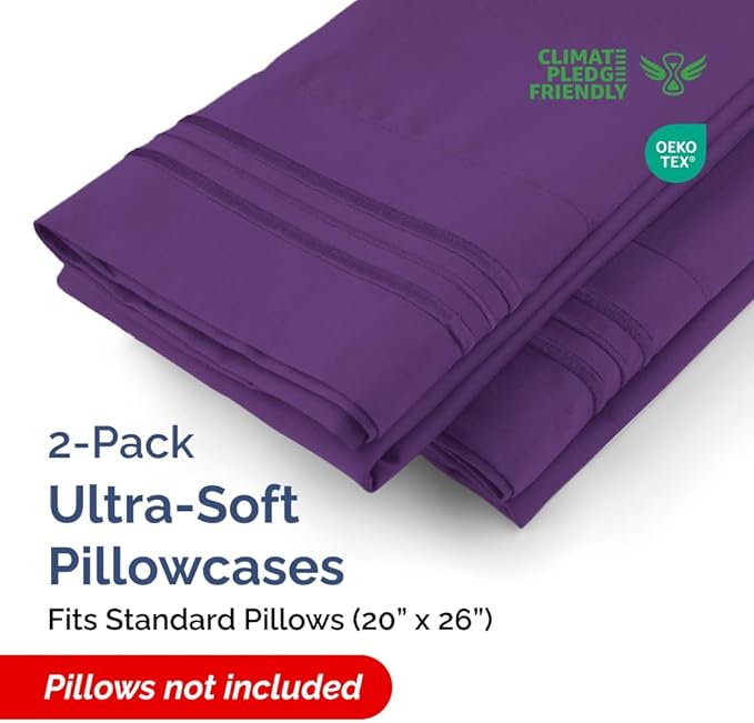 Standard Pillow Cases Set of 2 - Ultra-Soft Hotel Quality Pillowcase Covers - Comfy & Wrinkle Free - Stain and Fade Resistant - Machine Washable Pillow Protectors - 2 Piece Set - Standard Size Purple