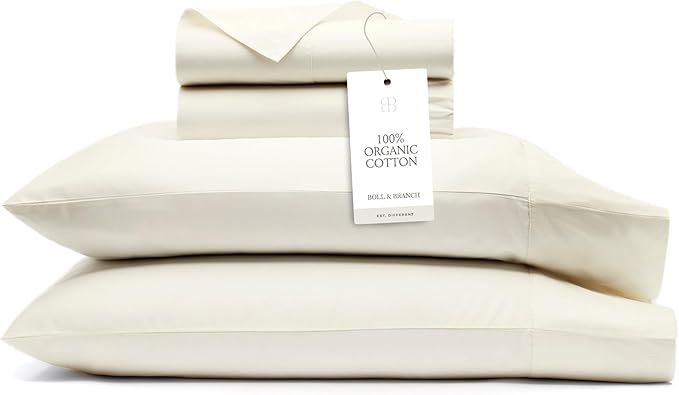 BOLL & BRANCH Signature Hemmed Sheet Set - Queen, Cream - Luxury 100% Organic Cotton - Includes 1 Flat, 1 Fitted, 2 Pillowcases - Buttery Soft