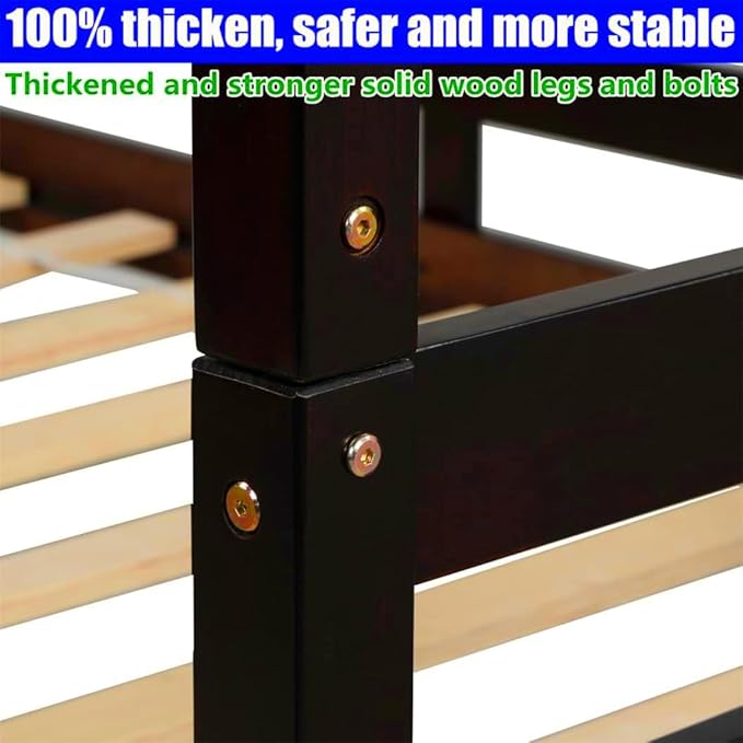 TSAMPA Latest Upgraded & Stronger Heavy Duty Solid Wood Full Over Full Bunk Bed with Trundle, Thickened Safer Convertible Bunkbed Frame (Easier to Assemble) (Espresso)