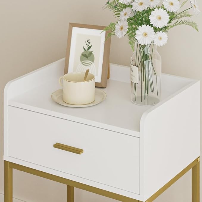 Masupu Nightstand,3-Tier Modern Bedside Night Stand with Storage Drawer and Shelf,Small End Side Table for Bedroom,Living Room,White (Without Outlet, White)