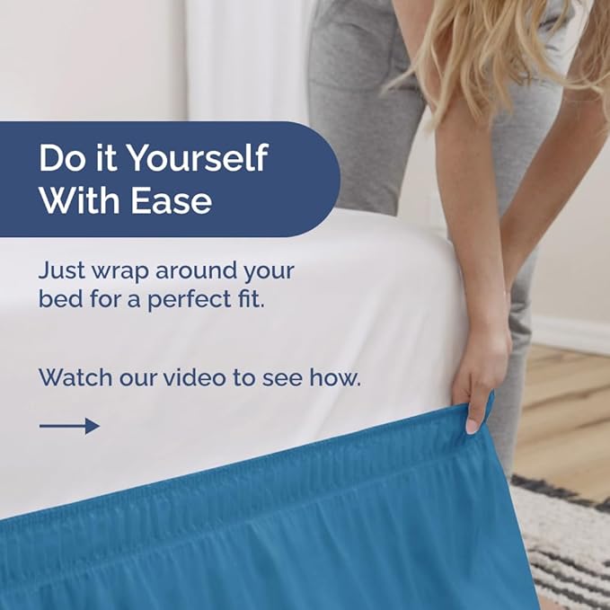 Wrap Around Dust Ruffle Bed Skirt - Denim Blue - for King Size Beds with 12 Inch Drop - Elastic Strap - Adjustable Pleated Bedskirt with Brushed Fabric and Wrinkle Free - for Women, Men, Kids & Teens