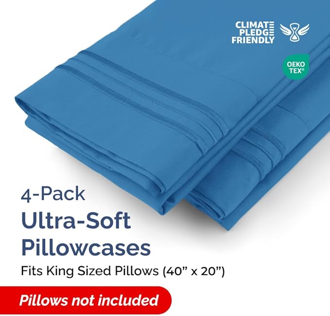 King Pillow Cases Set of 4 - Ultra Soft Hotel Quality Pillowcase Covers - Comfy, Cozy & Wrinkle Free - Shrinkage, Stain & Fade Resistant - Machine Washable Pillow Protectors - 4 Piece Set - Royal Blue