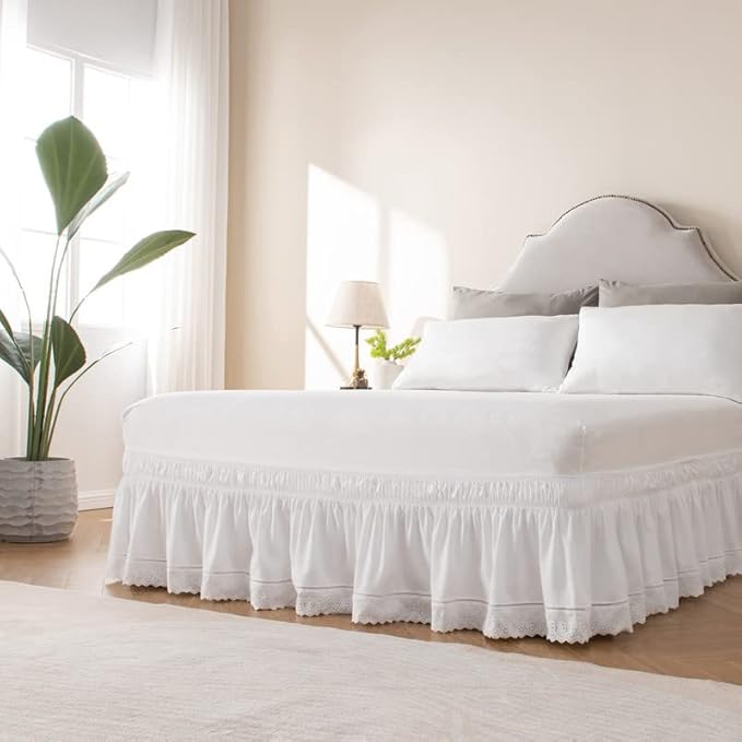 MIYE Wrap Around Ruffled Lace Bed Skirt, Elastic Dust Ruffle with Adjustable Belts, Easy to Put On, Bed Frame Cover, Machine Washable (Embroidered/White, King/Queen-22 Drop)