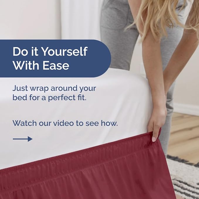 Wrap Around Dust Ruffle Bed Skirt - Burgundy - for King Size Beds with 24 Inch Drop - Easy Fit Elastic Strap - Adjustable Pleated Bedskirt w/Brushed Fabric Wrinkle Free - for Women, Men, Kids & Teens