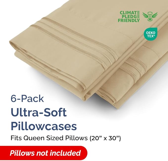 Queen Pillow Cases Set of 6 - Ultra Soft Hotel Quality Pillowcase Covers - Comfy & Wrinkle Free - Shrink, Stain and Fade Resistant - Easy-Care, Machine Washable Pillow Protectors - 6 Pcs Set - Beige