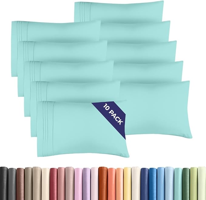 Queen Pillow Cases Set of 10 - Ultra Soft Hotel Quality Pillowcase Covers - Comfy, Cozy & Wrinkle Free - Shrink, Stain and Fade Resistant - Machine Washable Pillow Protectors - 10 Pcs Set - Spa Blue