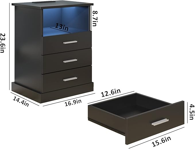 Halitaa Black LED Nightstand with Charging Station, Side Table with 3 Drawers and Light, End Table with Open Storage, Beside Cabinet for Bedroom (Black)
