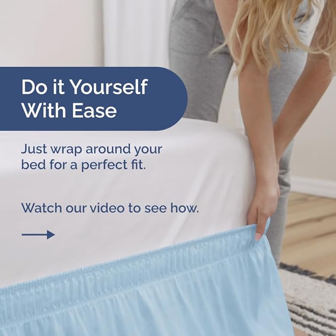Wrap Around Dust Ruffle Bed Skirt - Light Blue - for King Size Beds with 12 Inch Drop - Elastic Strap - Adjustable Pleated Bedskirt with Brushed Fabric and Wrinkle Free - for Women, Men, Kids & Teens
