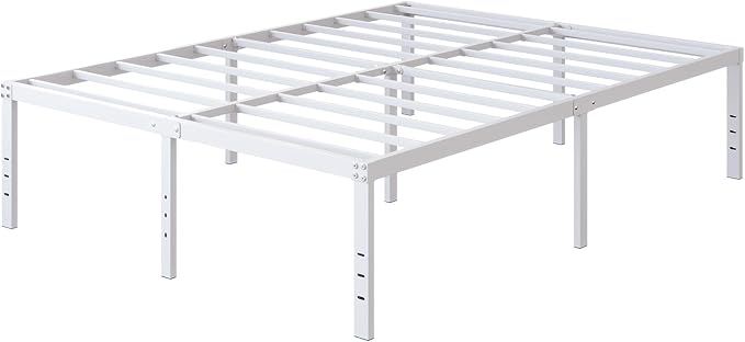 18 Inch White Full Size Bed Frame Heavy Duty Metal Platform No Box Spring Needed, Maximum Storage, Easy Assembly, Noise Free