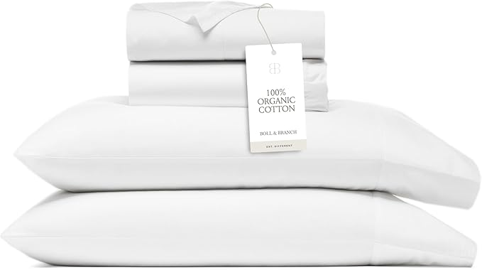 BOLL & BRANCH Signature Hemmed Sheet Set - Twin XL, White - Luxury 100% Organic Cotton - Includes 1 Flat, 1 Fitted, 2 Pillowcases - Buttery Soft