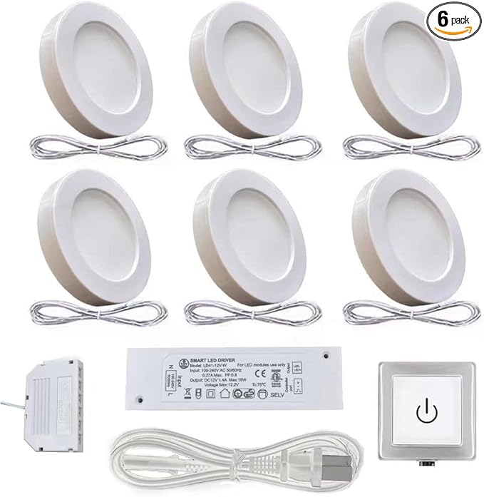VST Under Cabinet Lights Plug in with Wired Touch Dimmer Switch,Recessed or Surface Mount,Natural White 3000K 12V 2W(12W Total, 60W Equivalent),6 Pack White Puck Lights Fixtures