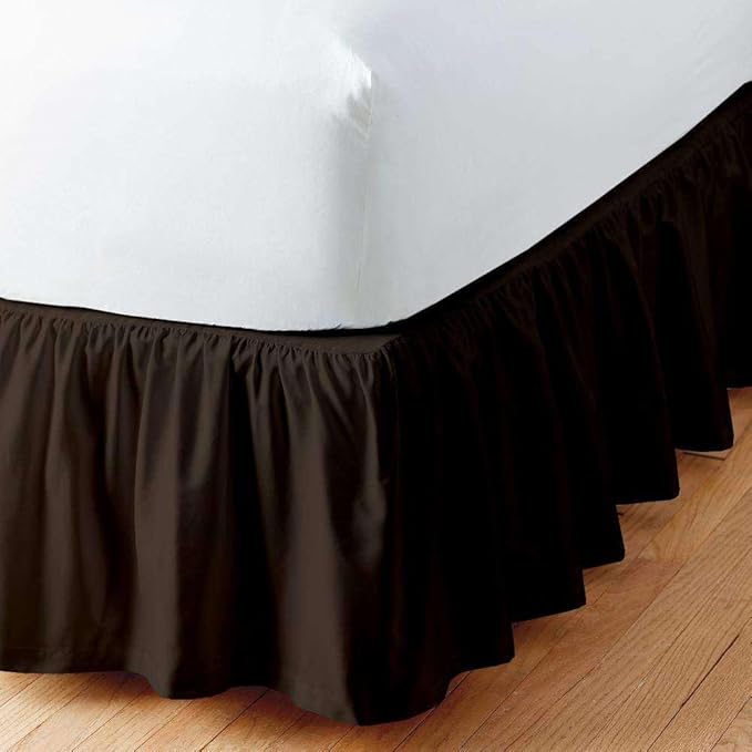 Chocolate Solid Ruffled Bed Skirt Short Queen-28 Inch Drop Split Corner, Microfiber Bedskirt with Platform Three Sided Coverage
