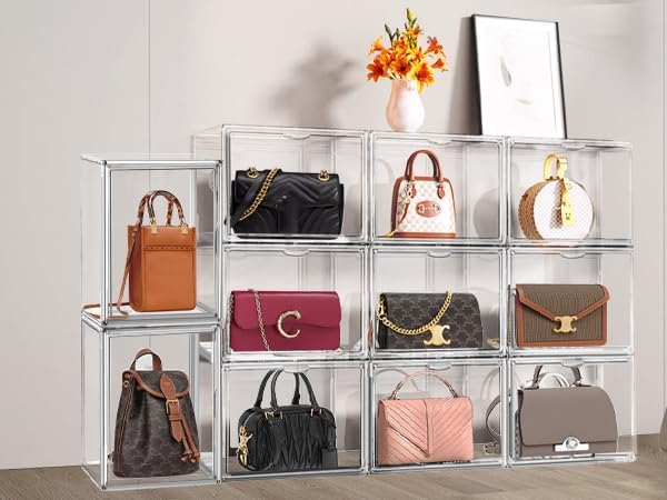 10 Pack Acrylic Shoe Box Size 14, X-Large Clear Acrylic Purse Organizer 14.1'' x 8.9'' x 10.6'' Transparent Handbag Storage Box for Closet, Stackable Plastic Container for Purses, Wallets & Bags