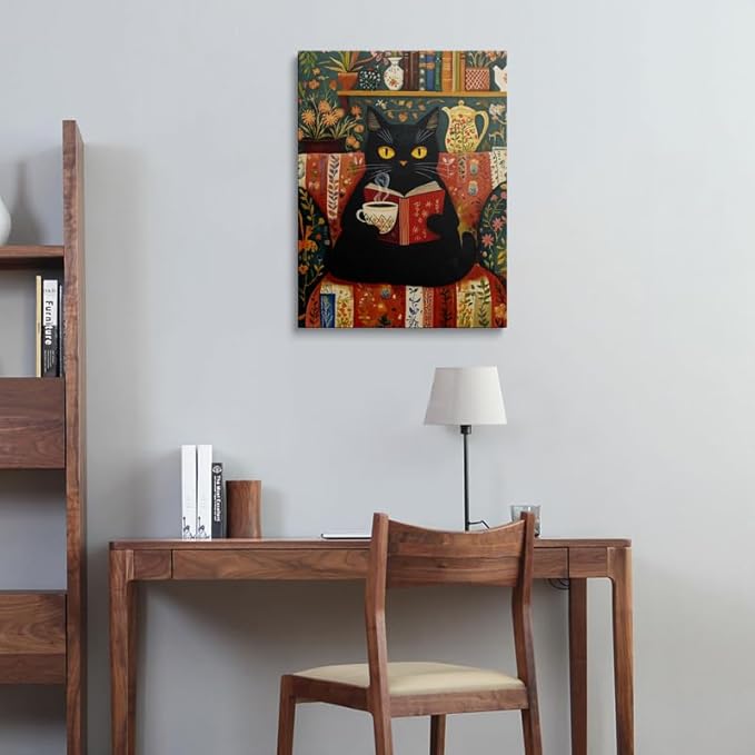 Pveror Reading Black Cat Canvas Wall Art Whimsical Animal Illustration Cozy Coffee Book Scene Vintage Folk Art Style Cottagecore Home Decor For Living Room Bedroom Study Library Gift 16x24 Inches