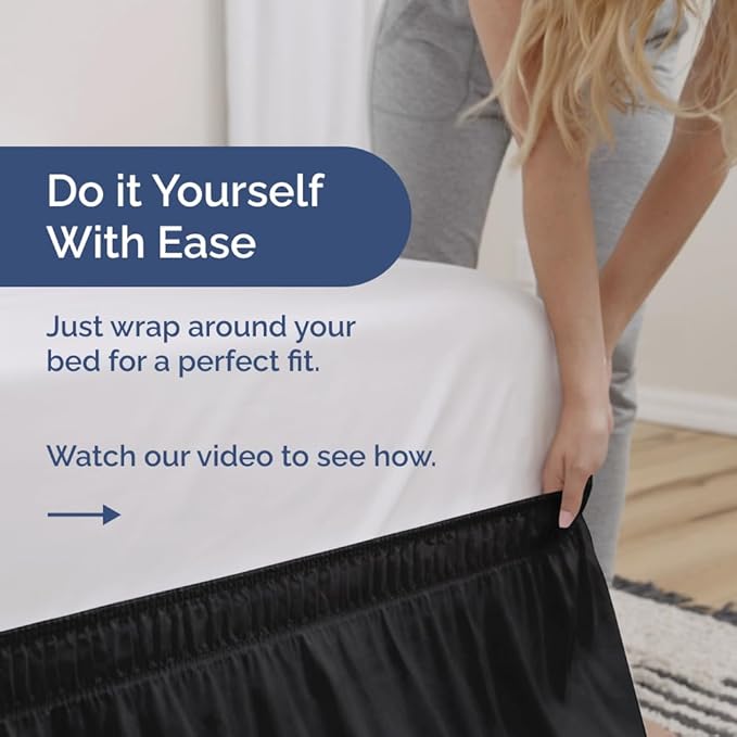 Wrap Around Dust Ruffle Bed Skirt - Black - for Twin Size Beds w/ 16 Inch Drop - Easy Fit Elastic Strap - Adjustable Pleated Bedskirt w/Brushed Fabric, Wrinkle & Fade Free Women, Men, Kids & Teens