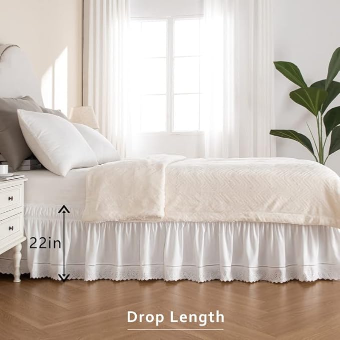 MIYE Wrap Around Ruffled Lace Bed Skirt, Elastic Dust Ruffle with Adjustable Belts, Easy to Put On, Bed Frame Cover, Machine Washable (Embroidered/White, Full/Twin-22 Drop)