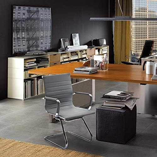 Wahson Office Guest Chairs Set of 8, Leather Reception Chairs, Mid Back Waiting Room Chair, Conference Chairs with Sled Base, Desk Chair No Wheels for Meeting/Lobby/Restroom, Grey