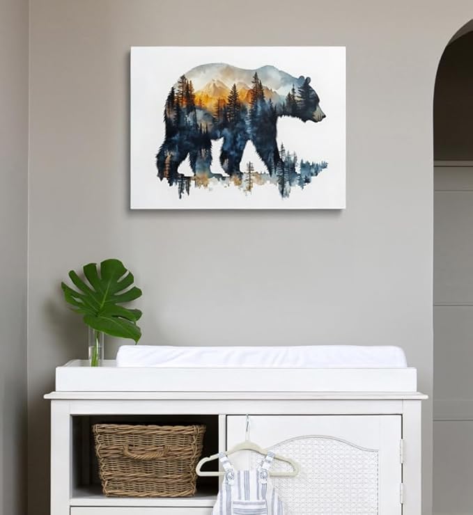 Forest Landscape Inside Bear Canvas Wall Art Framed Painting Watercolor Wildlife Wall Decor Artwork Print Poster Nature Mountain Silhouette Sunset for Living Room Home Office Cabin Decor 16x24 Inches