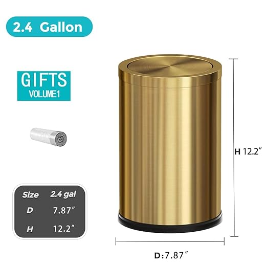 Stainless Steel Gold Bathroom Trash Can with Lid, 9L/2.4Gallon Garbage Can for Bedroom, Kitchen, Office, Living Room (Double Layer)