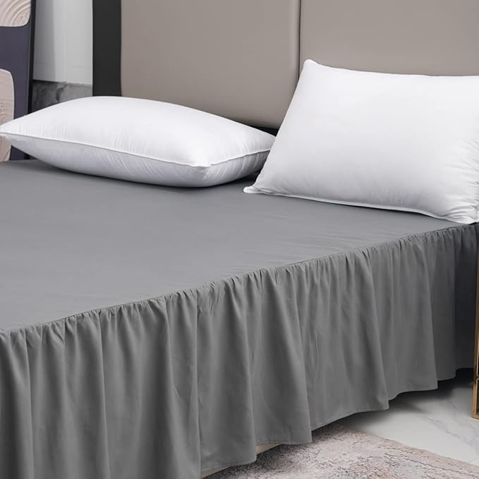 Grey Bed Skirt Queen Size Ruffled Bed Skirt with Split Corners, Queen Bed Skirt 14 Inch Drop, TSUTOMI Queen Size Bed Skirt Grey for Ruffled Bed Skirt with Split Corners, Bed Skirt Queen Size