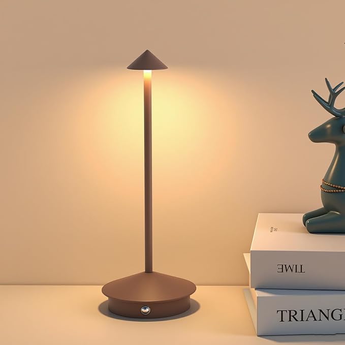 Cordless Table Lamp, 5000mAh Rechargeable Battery Powered LED Desk Lamp, Portable Touch Control Outdoor Table Lamps,3 Color Dimmable Light for Restaurant, Patio, Bedroom, Night Lamp (Brown)