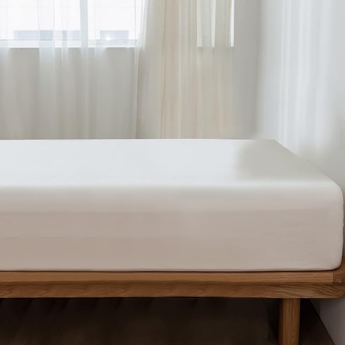 MooMee Fitted Bottom Sheet Only 100% Washed Cotton Linen Like Textured Breathable Durable Soft Comfy Deep Pocket Fits Mattress up to 17" (Off White, Twin)