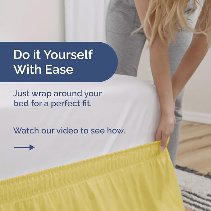 Wrap Around Dust Ruffle Bed Skirt - Yellow - for Queen Size Beds with 21 Inch Drop - Easy Fit Elastic Strap - Adjustable Pleated Bedskirt w/Brushed Fabric Wrinkle Free - for Women, Men, Kids & Teens