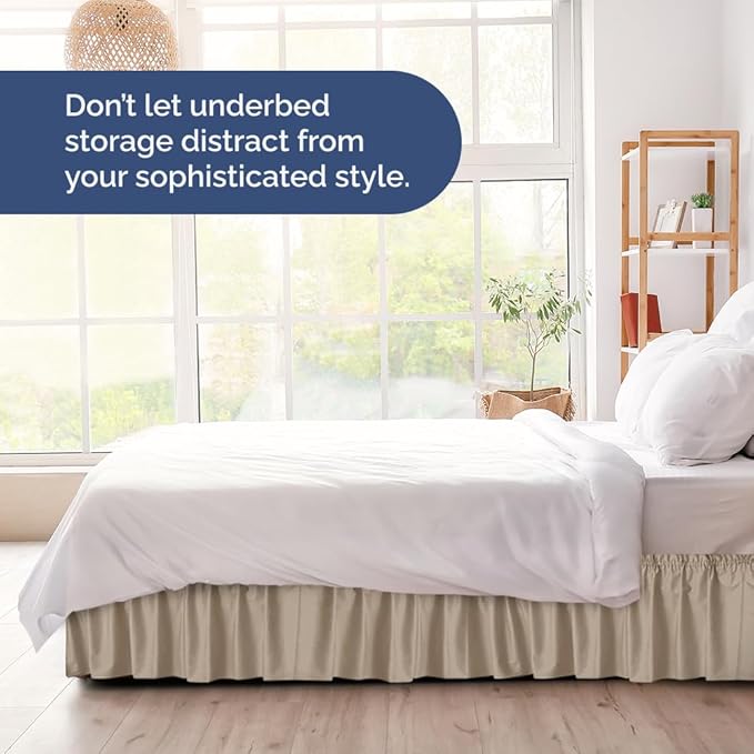 Wrap Around Dust Ruffle Bed Skirt - Cream - for Queen Size Beds w/ 16 Inch Drop - Easy Fit Elastic Strap - Adjustable Pleated Bedskirt w/Brushed Fabric, Wrinkle & Fade Free Women, Men, Kids & Teens
