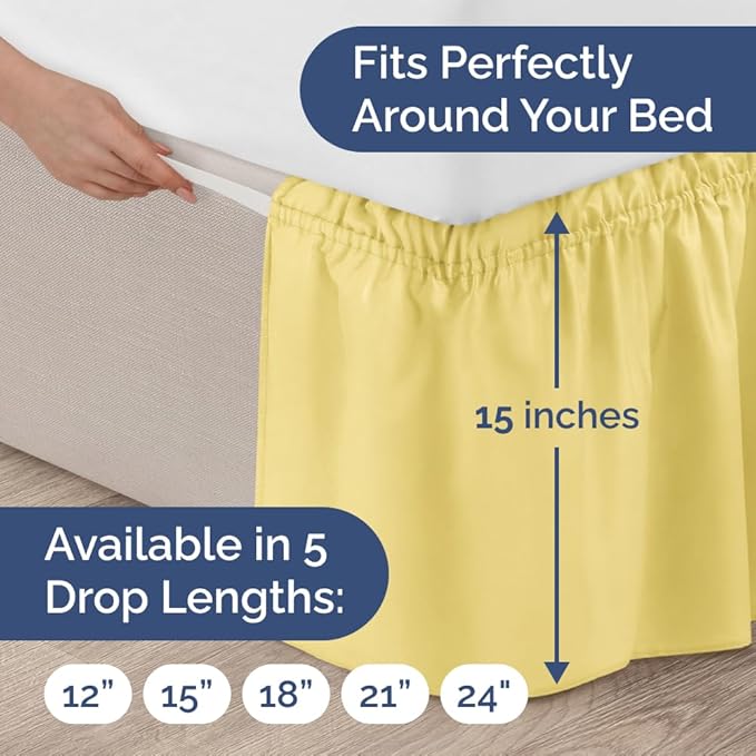 Wrap Around Dust Ruffle Bed Skirt - Yellow - for King Size Beds with 15 Inch Drop - Easy Fit Elastic Strap - Adjustable Pleated Bedskirt w/Brushed Fabric - Wrinkle Free - for Women, Men, Kids & Teens