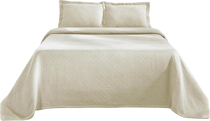 Superior 2 Piece Basketweave Cotton Bedspread Set, Home Bed Decor, Decorative Bed Spread, 1 Pillow Sham, Medium Weight Blanket, Matelasse Coverlet Bedding, Geometric Lattice Pattern, Twin, Ivory