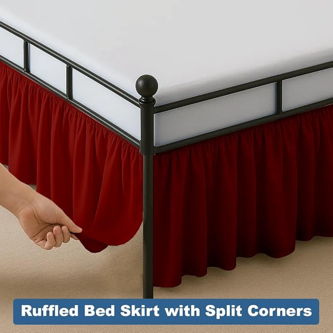 Ruffled Bed Skirt Split Corners with Platform, Tailored Fit Hotel Quality Wrinkle Free Ultra-Soft Microfiber Dust Ruffle, Upto 21 Inch Drop, Twin, Burgundy