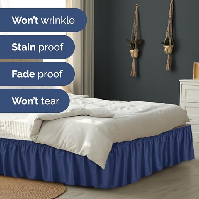Wrap Around Dust Ruffle Bed Skirt - Navy Blue - for King Size Beds w/ 16 Inch Drop - Easy Fit Elastic Strap - Adjustable Pleated Bedskirt with Brushed Fabric, Wrinkle Free Women, Men, Kids and Teens