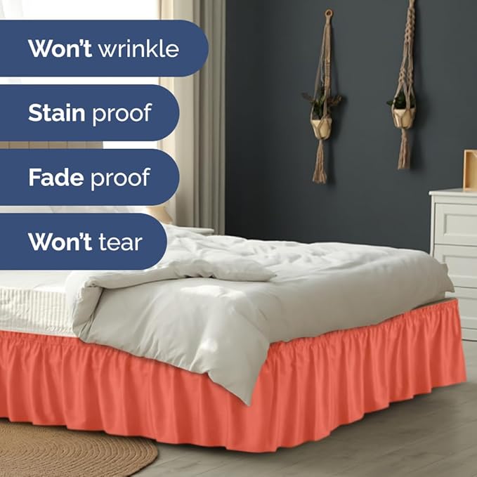 Wrap Around Dust Ruffle Bed Skirt - Coral - for Queen Size Beds with 18 Inch Drop - Easy Fit Elastic Strap - Adjustable Pleated Bedskirt w/Brushed Fabric - Wrinkle Free - for Women, Men, Kids & Teens